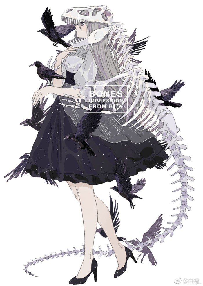 猎奇向唯美人物插画"骨"略带忧伤的病态美少女,既魅惑又神秘