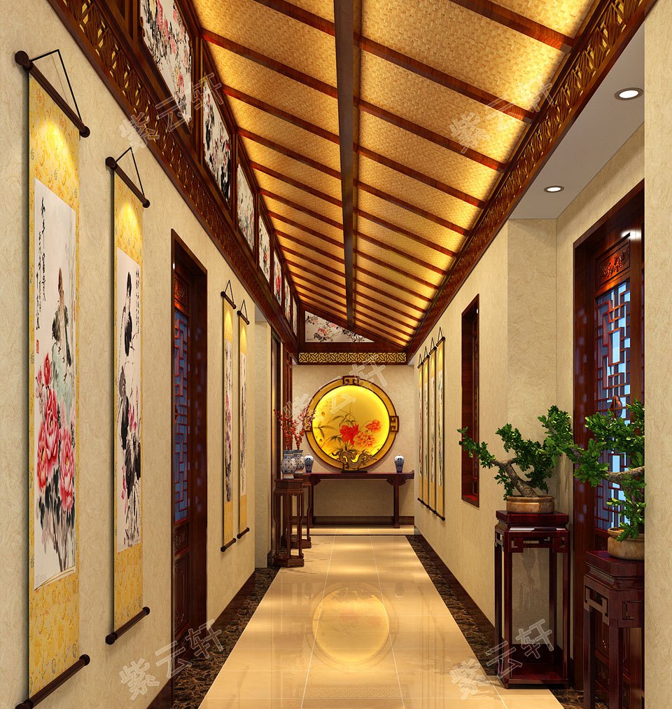 走廊中式装修设计,玄关走廊,地下室走廊,客厅走廊