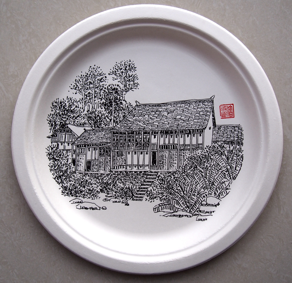 数学老师爱画画,秀丽笔纸碟画,看到熟悉的四川山村