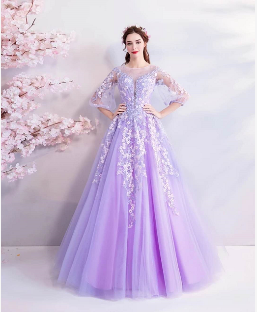 紫色蓬蓬形婚纱图片