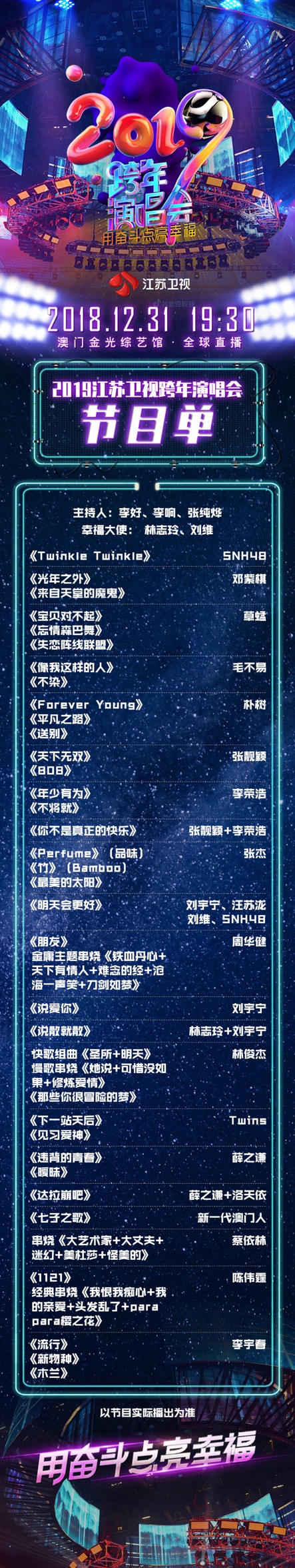 用奋斗点亮幸福2019江苏卫视跨年演唱会节目单曝光