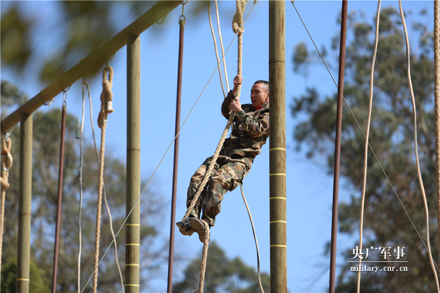官兵在攀登训练中进行爬绳训练.胡程摄