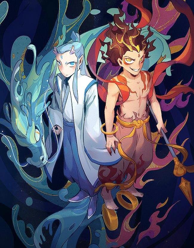 人物绘画,哪吒敖丙合体插画图集,这是什么神仙cp