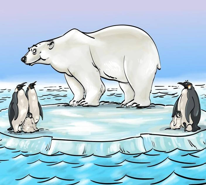 【不科学的图片】图为漂浮冰面上的企鹅和北极熊