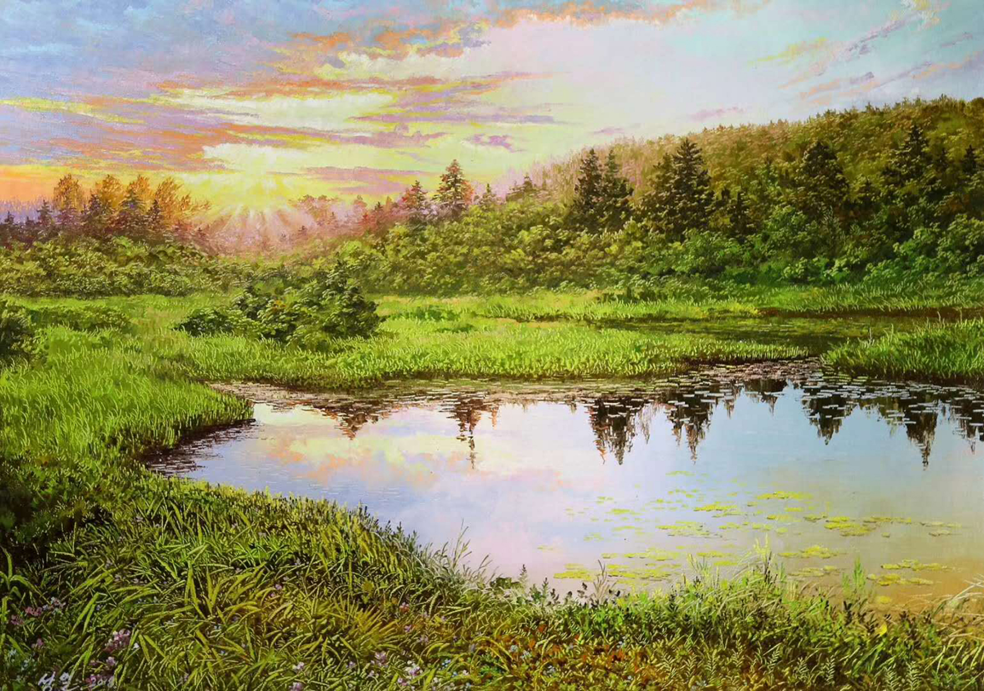 油画风景,绿树浓荫小河蓝