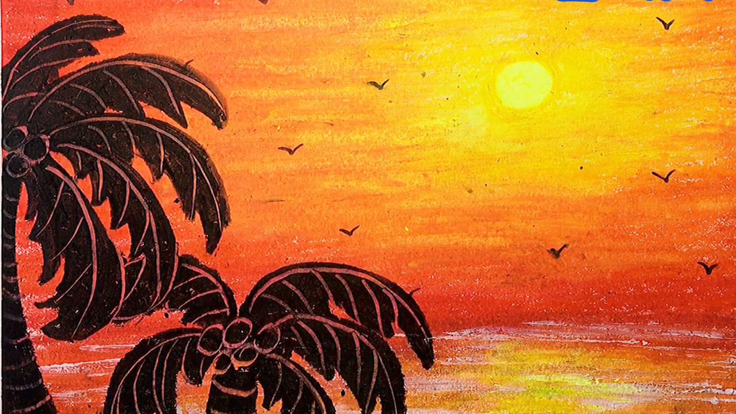 简单油画棒也画出美丽夕阳风景画