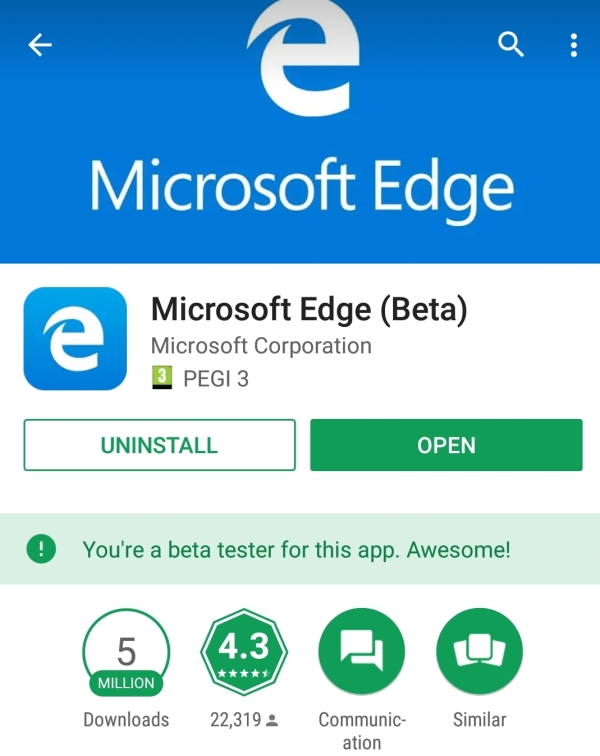 微软edge浏览器android版下载量破500万次