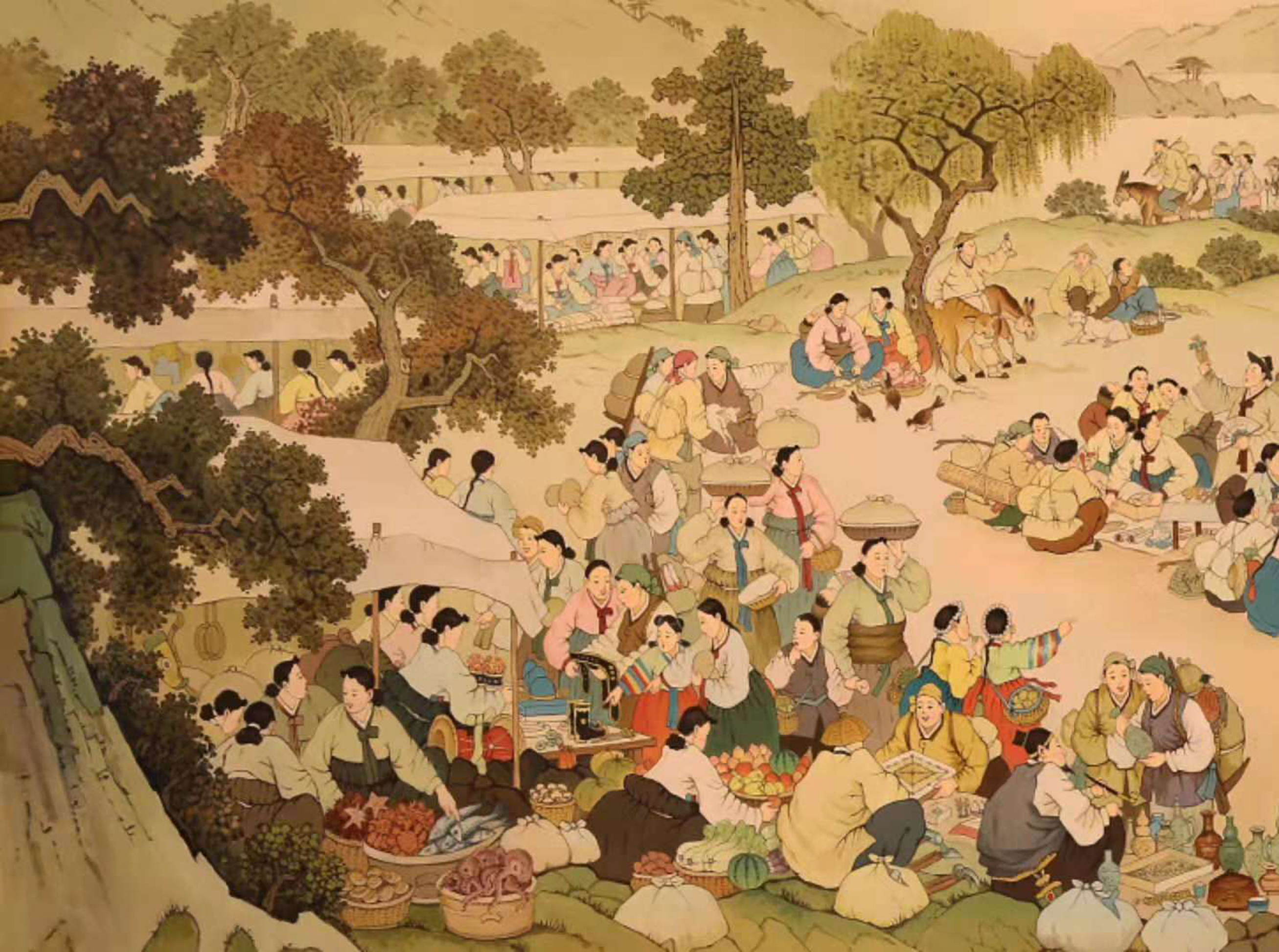 油画欣赏:描绘民间婚嫁赶集热闹场景的油画作品