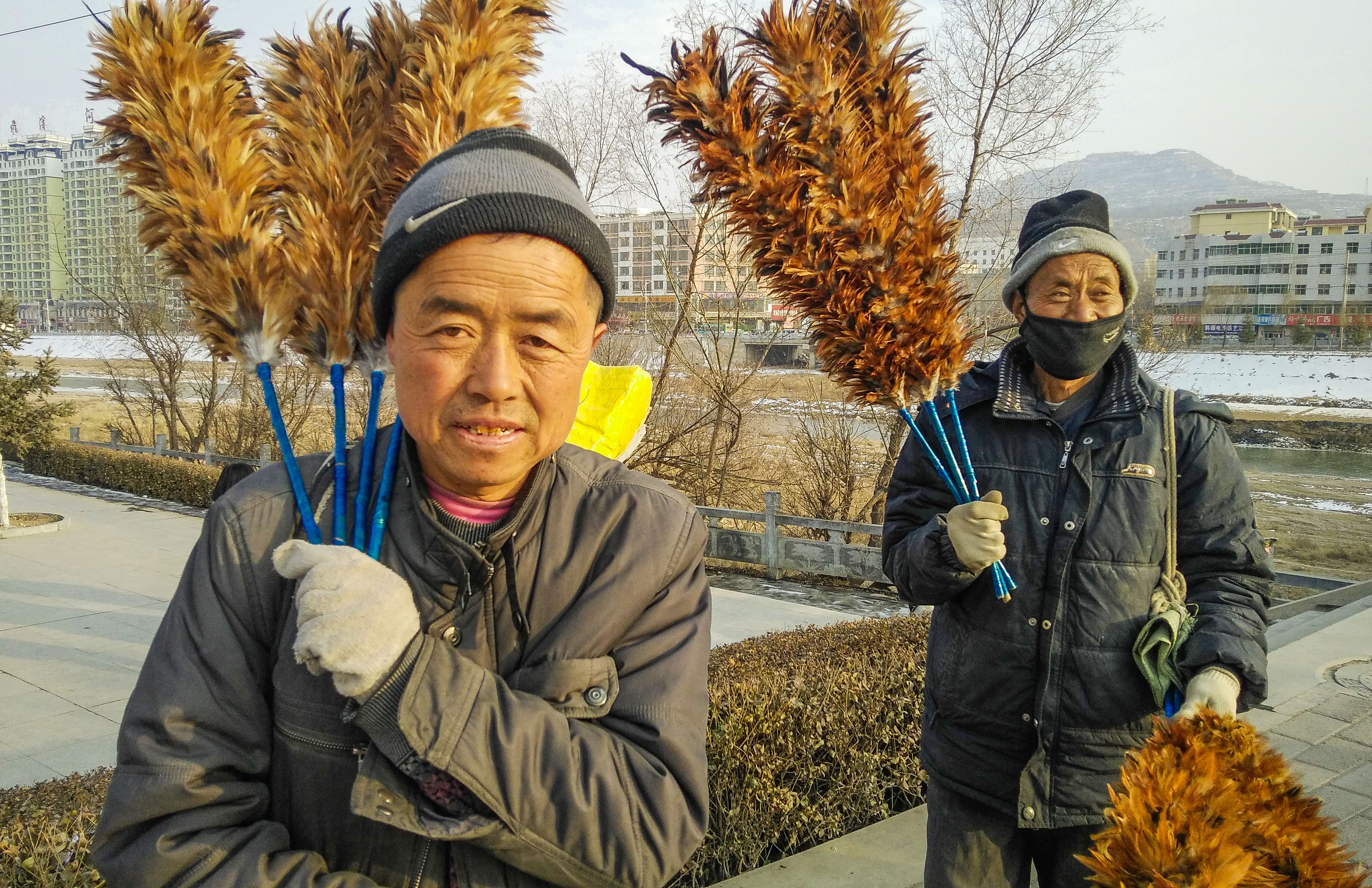 腊月集市上的鸡毛掸子,老伯叫卖艰辛,勾起儿时的记忆