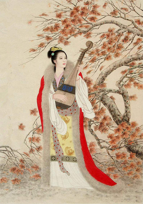 工笔画中的美人王昭君:身披红袍怀抱琵琶,一颦一笑都是无尽风流