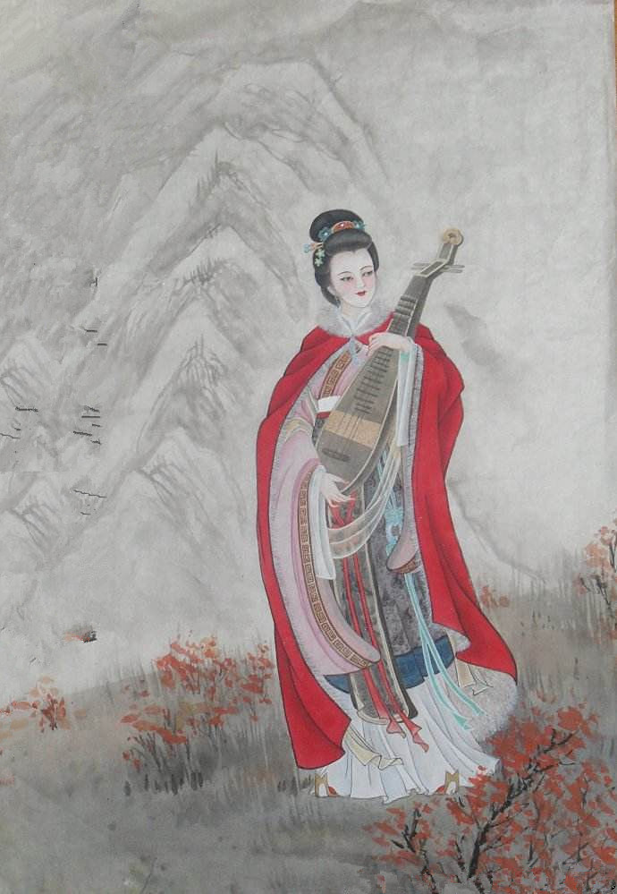 工笔画中的美人王昭君:身披红袍怀抱琵琶,一颦一笑都是无尽风流