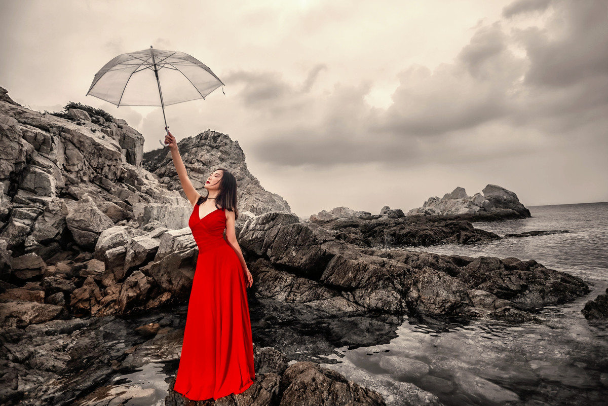 人像摄影:海边红裙子