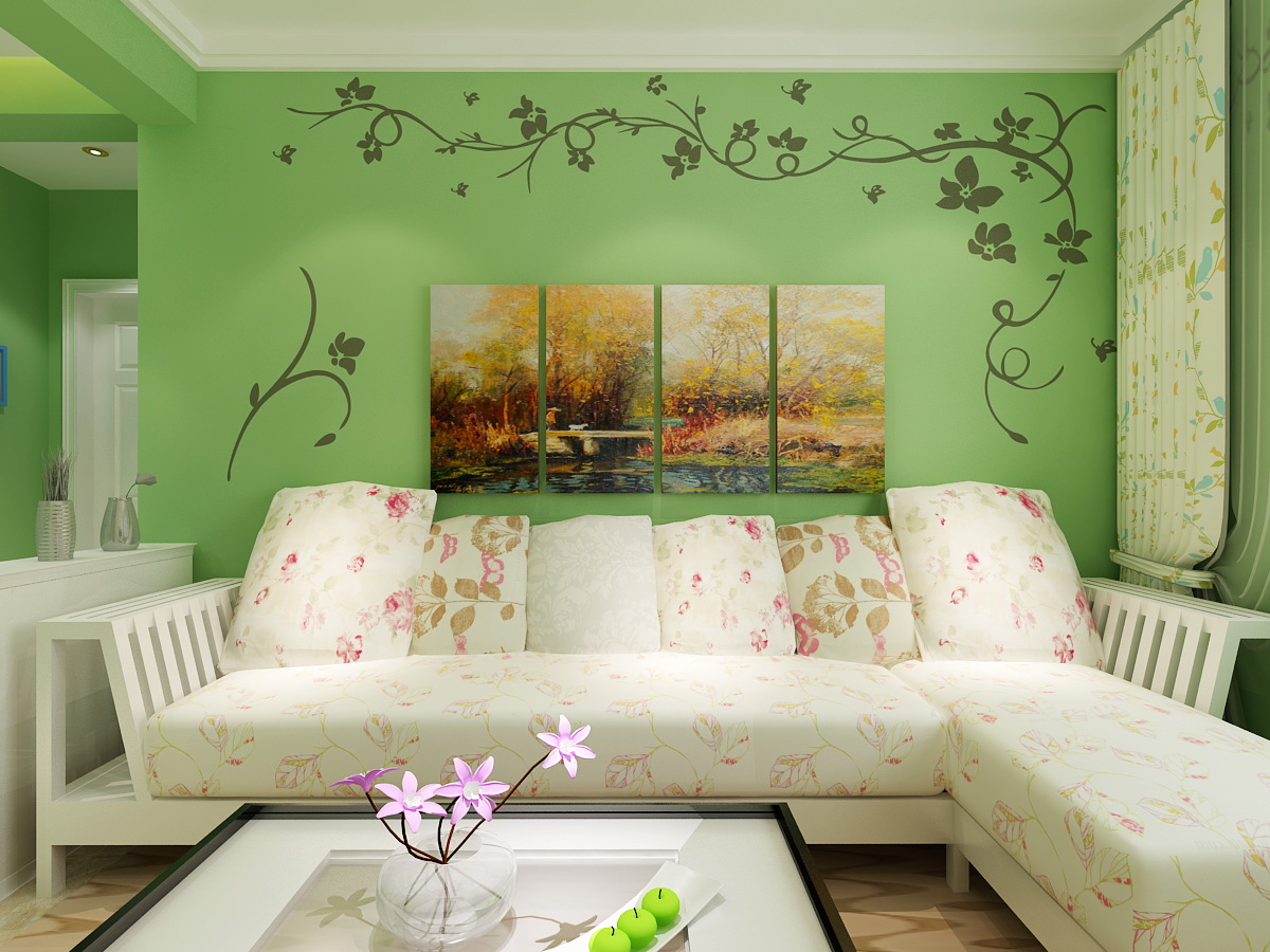 绿世界硅藻泥绿色沙发背景墙效果图