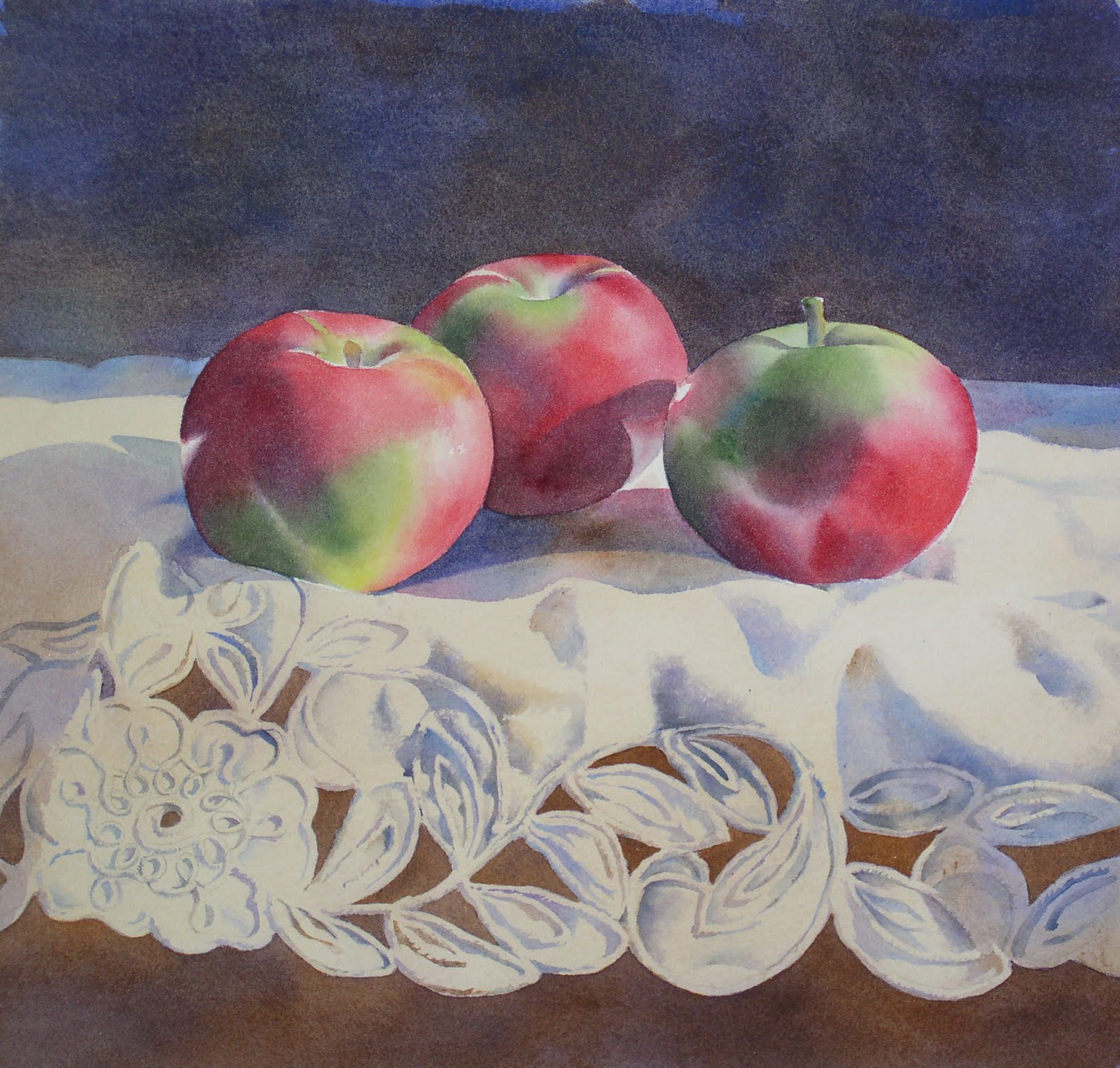 水彩静物写生进阶教程——桌台上三个红绿苹果
