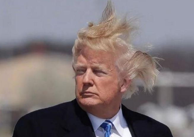 特朗普的百变发型,图一随风飘扬,图二像根玉米,最后一张有点傻