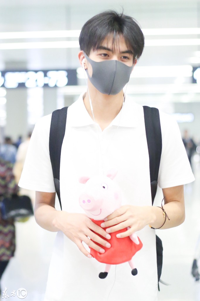 宋威龙戴口罩穿白色polo衫现身机场帅气十足,手拿小猪佩奇好可爱