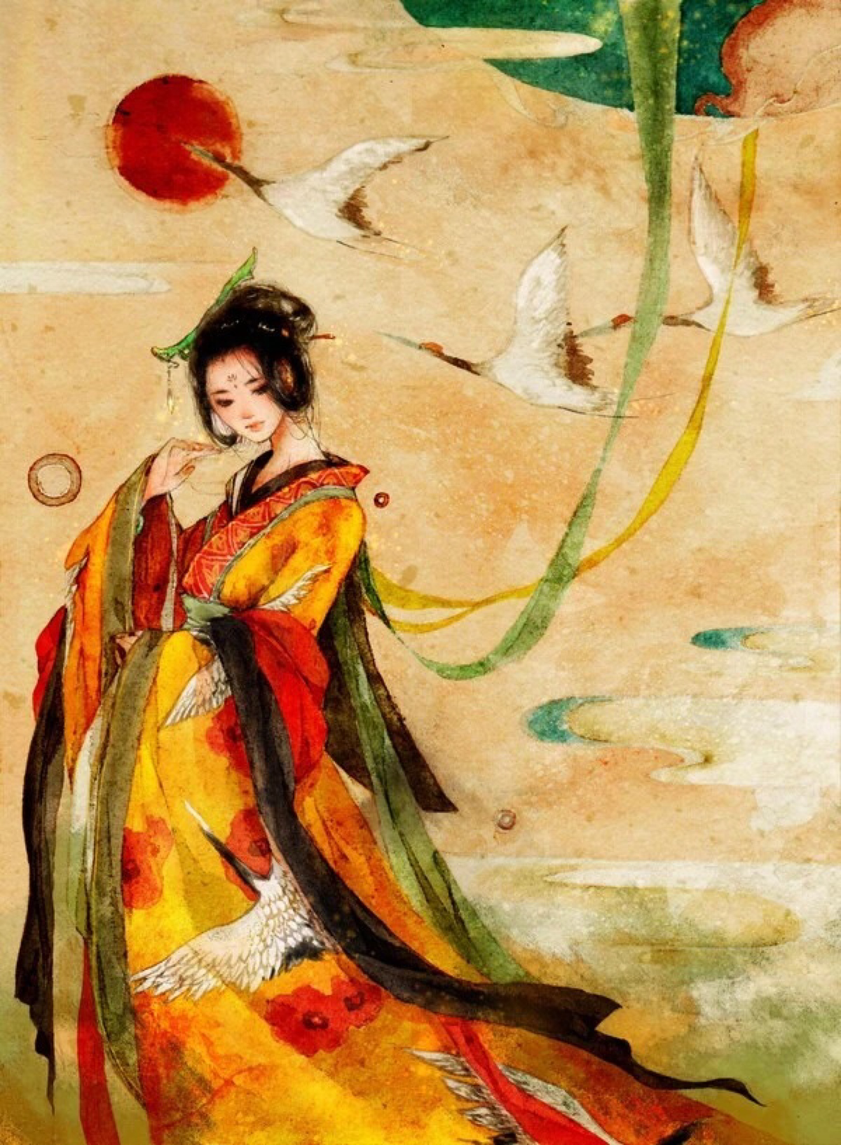 唯美头像:古风黄衣美女插画,神态优美,惊艳四方的古典风美人!