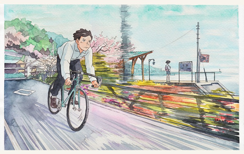 日本骑单车的男孩浪漫水彩画