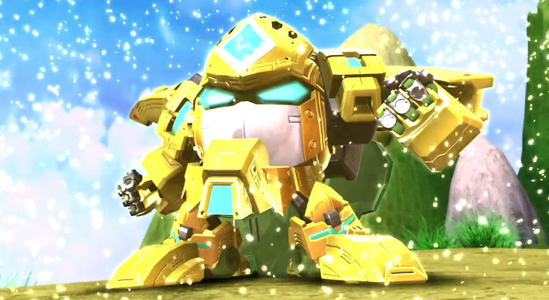 菠萝吹雪二代机甲,在第7集中由黄色智慧莲珠升级成功.