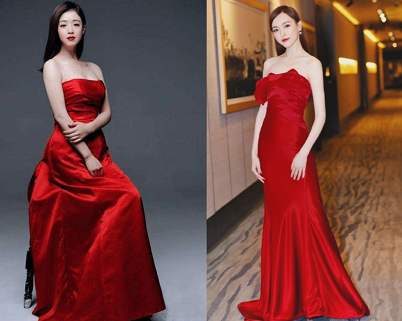 唐嫣身穿红色的抹胸长裙特别的美,红色更衬托出了白皙的皮肤,一身抹胸