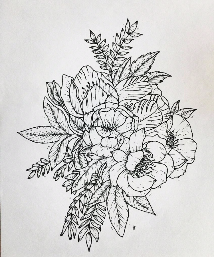 针管笔手绘,植物花朵线稿