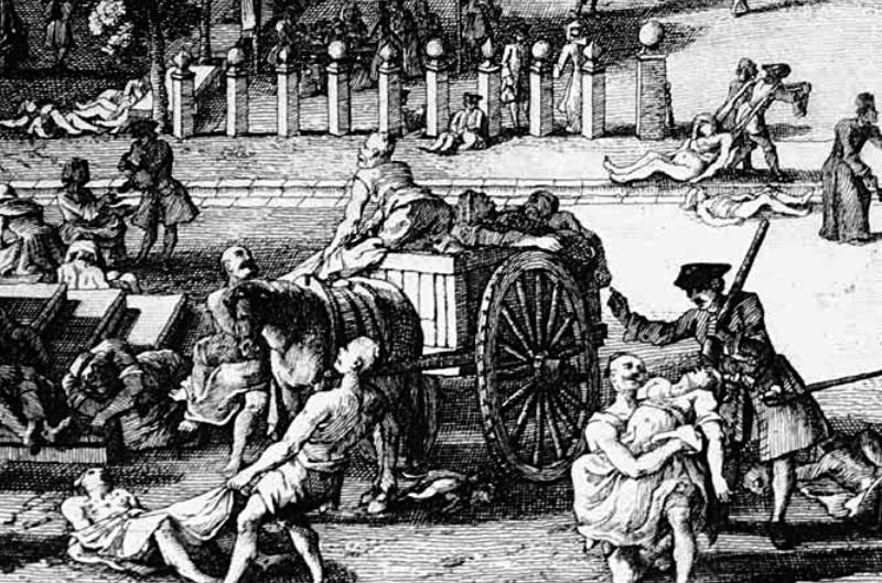 鼠疫流行的情形。这幅由法国画家杰克斯·里戈(Jacques Rigaud)所绘的画,描述了 1720 年鼠疫袭击马赛,并在两年内杀死 40 000 人(占城市总人口的一半)的情形