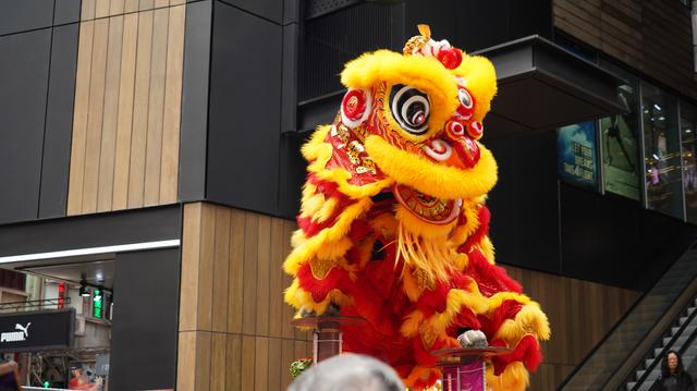 正月十六,香港街头醒狮表演,中外游人争相观看