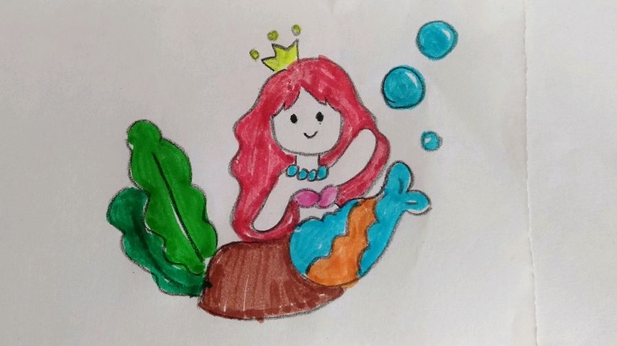 漂亮小美人鱼在跟大家打招乎 简单的童话简笔画教程 儿童绘画入门
