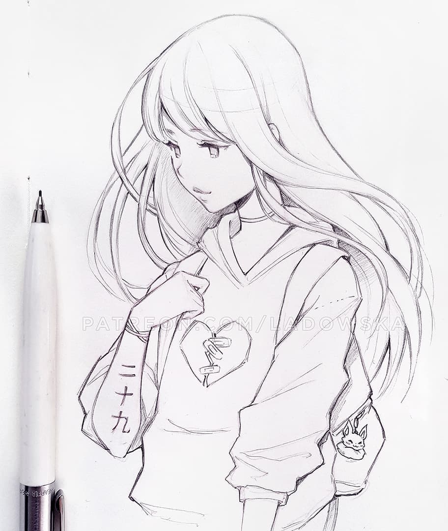 动漫少女黑白线稿素材,34张动漫人物线稿图,初学者临摹必备