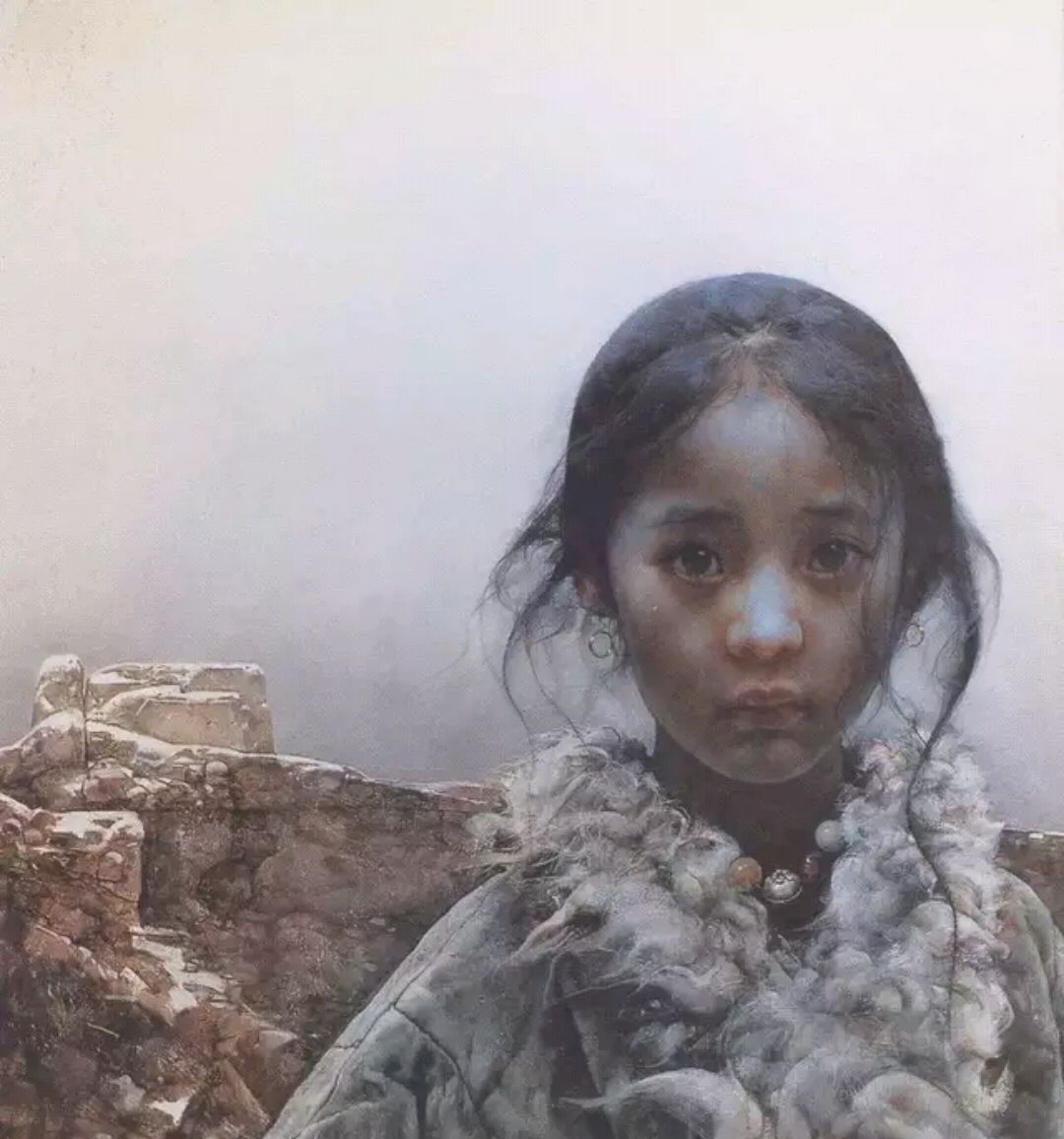 西藏女孩明亮而哀伤的眼睛,油画艺术家艾轩油画作品欣赏