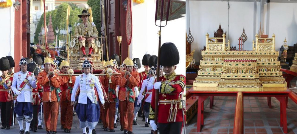 拉玛十世坐16人抬的"黄金圣轿"出行霸气十足,臣民甘愿跪在两边
