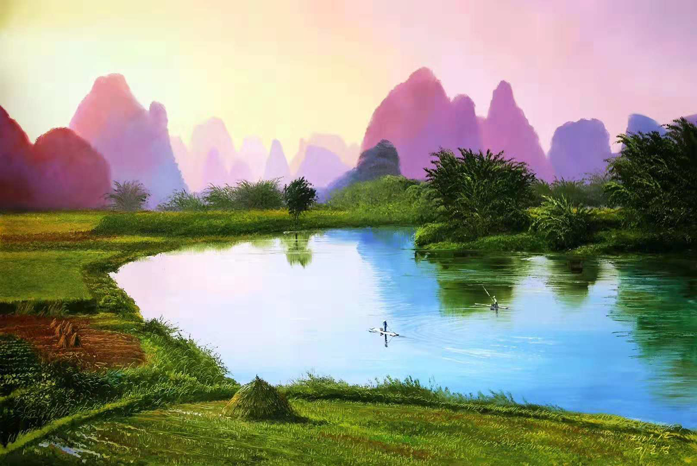 油画欣赏:一组描绘山水间渔翁捕鱼,牧童暮归的风景画