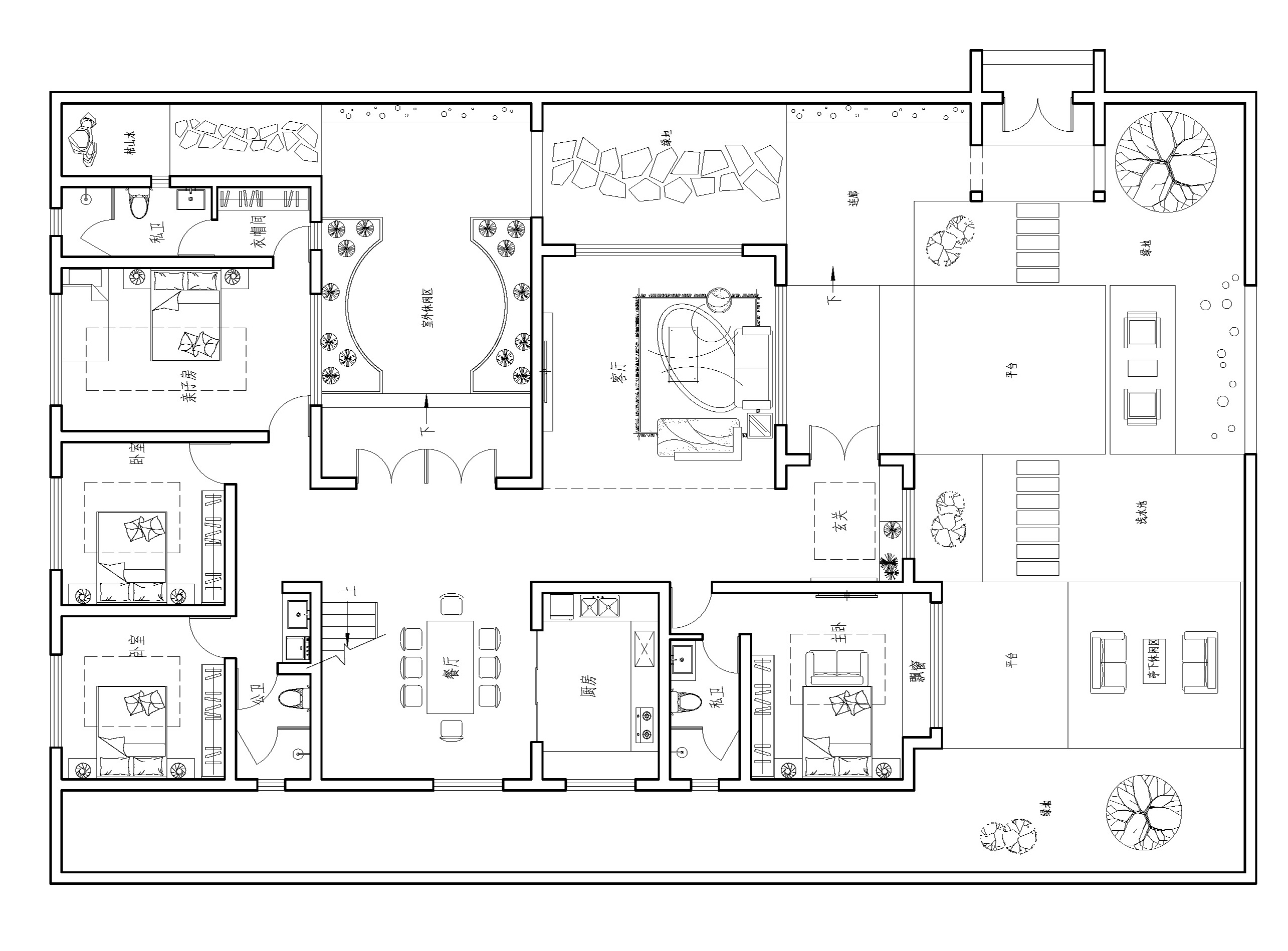 一层平面设计图:客厅,餐厅,厨房和老人房都设计在一楼,还有一个两张床