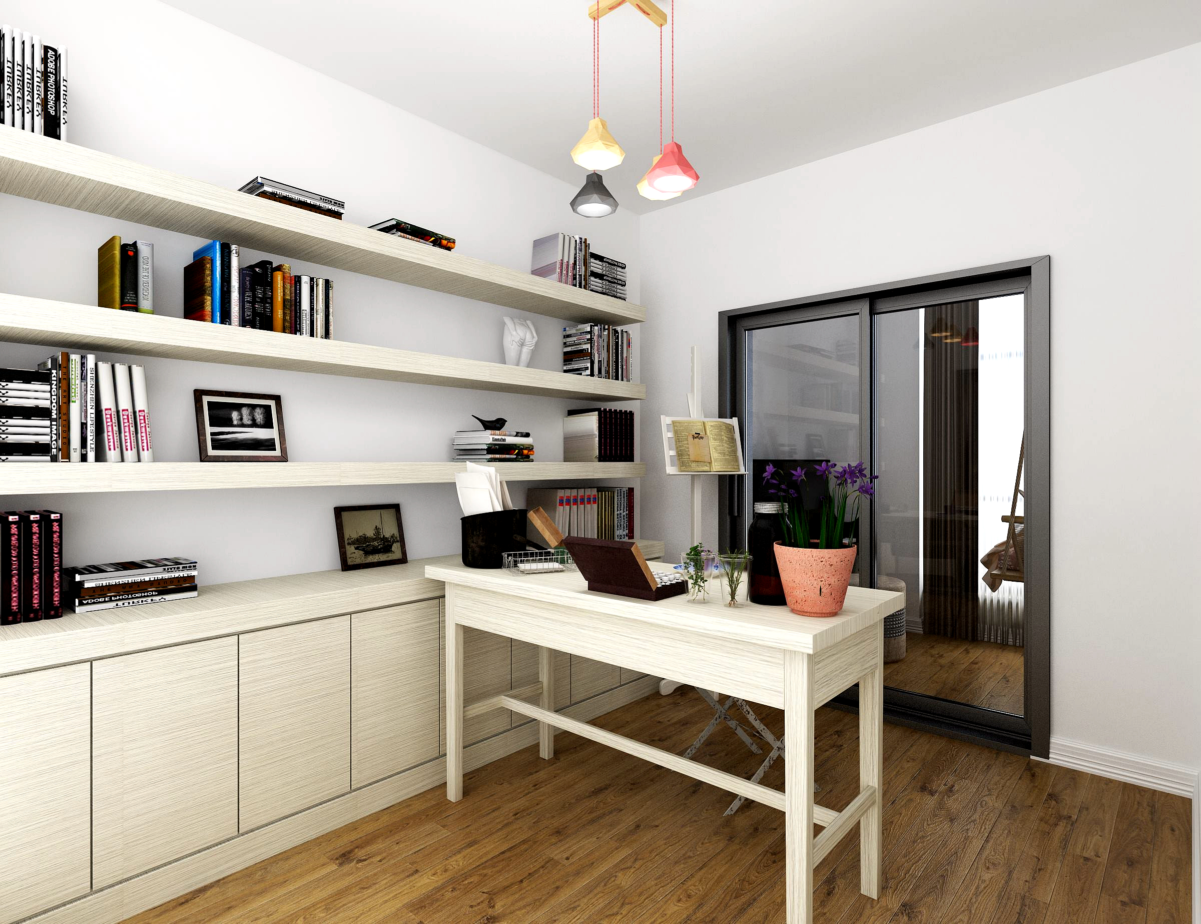 书房 书房铺木色木地板搭配一个上学的时的书作,定制几个书架.