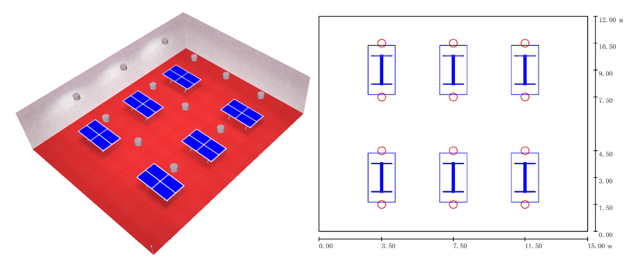 兩側布燈,即乒乓球場燈佈置在場地兩側,光束非垂直於場地平面的方式