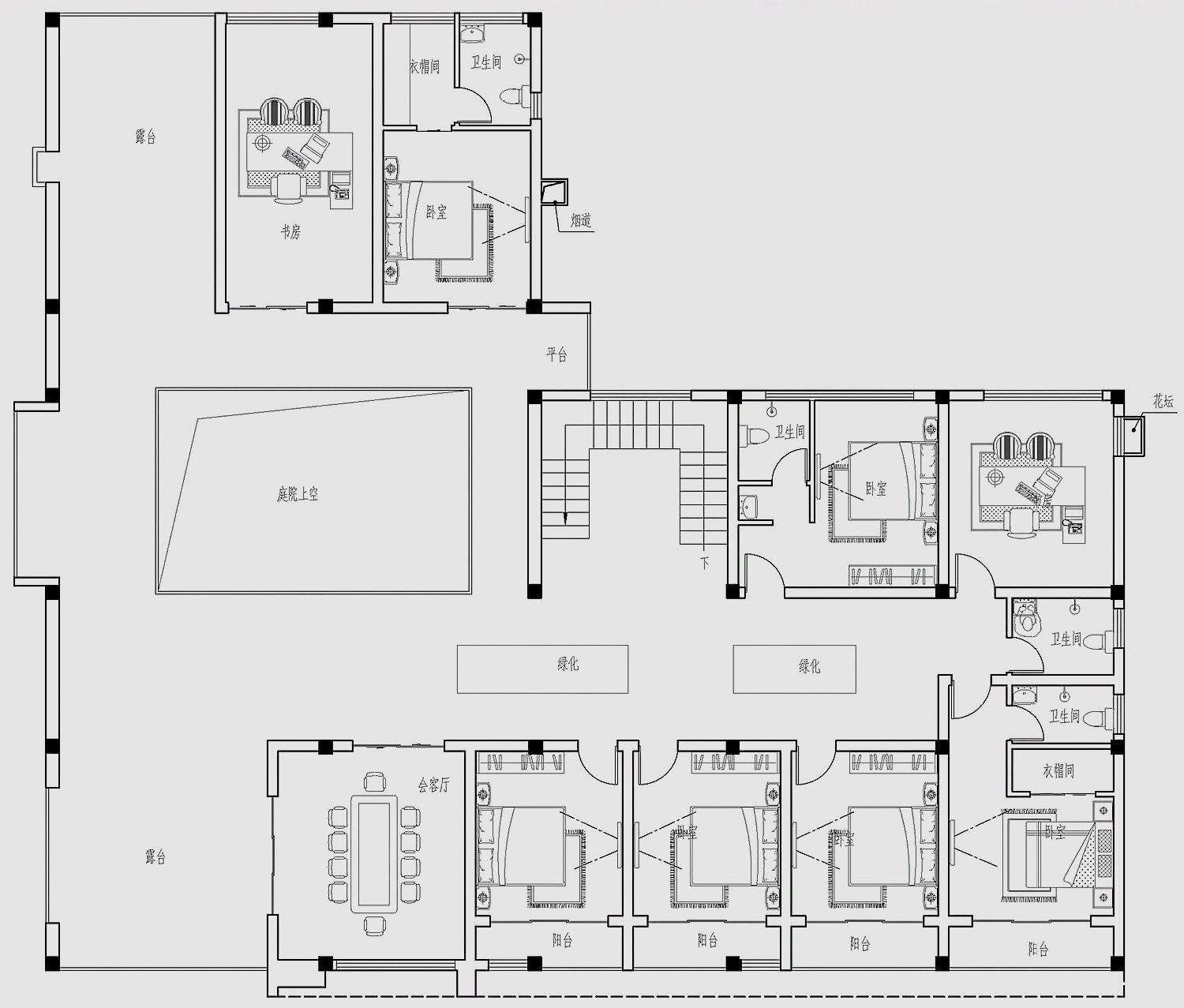 二层平面设计图:卧室,休息区