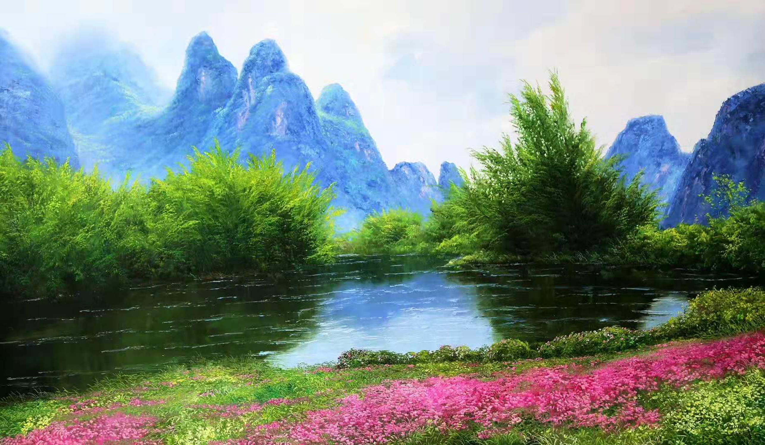 油画《青山绿水》,164*99,白恩哲