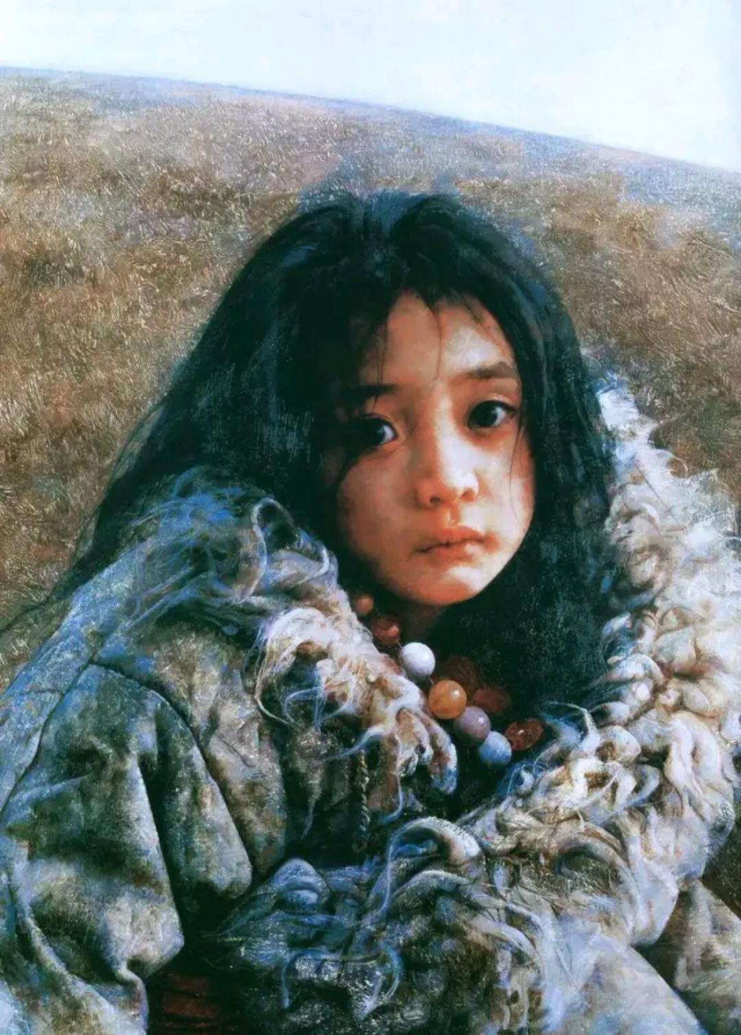 西藏女孩明亮而哀伤的眼睛,油画艺术家艾轩油画作品欣赏