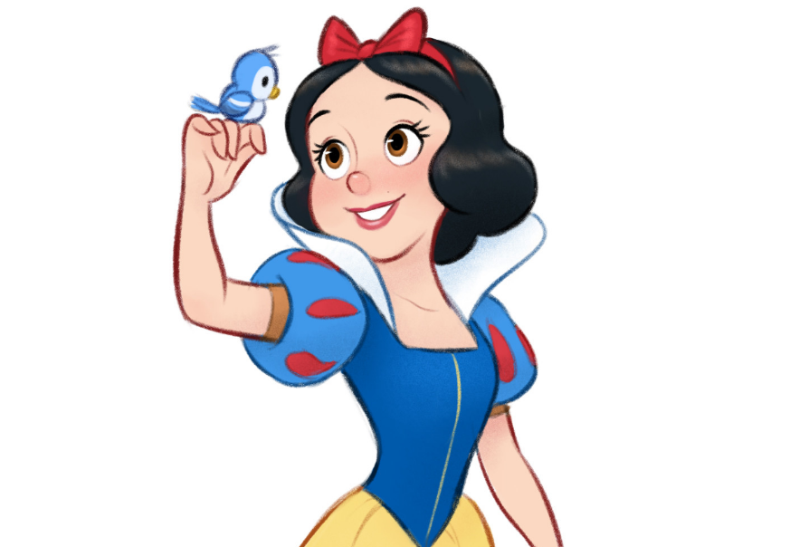 迪士尼公主卡通版的画风,白雪公主和鸟相伴,她扛了个大板子