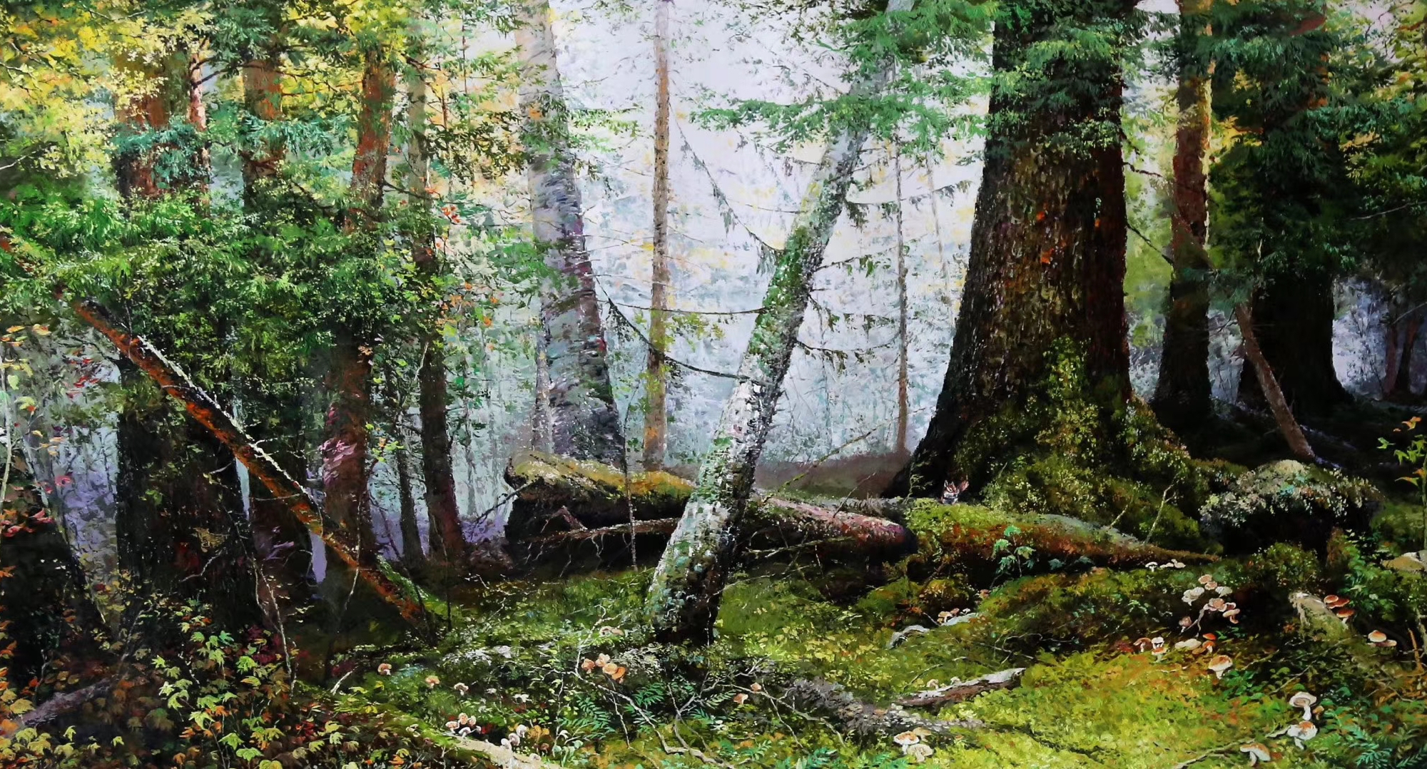 油画《森林局部之一》.蝉噪林逾静, 鸟鸣山更幽.