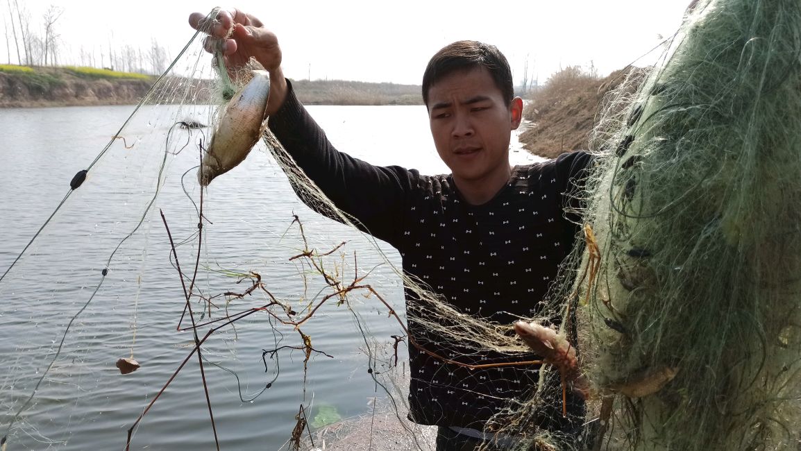 丝网捕鱼全过程实拍,不能赶海只能在河里发泄,内陆人的无奈