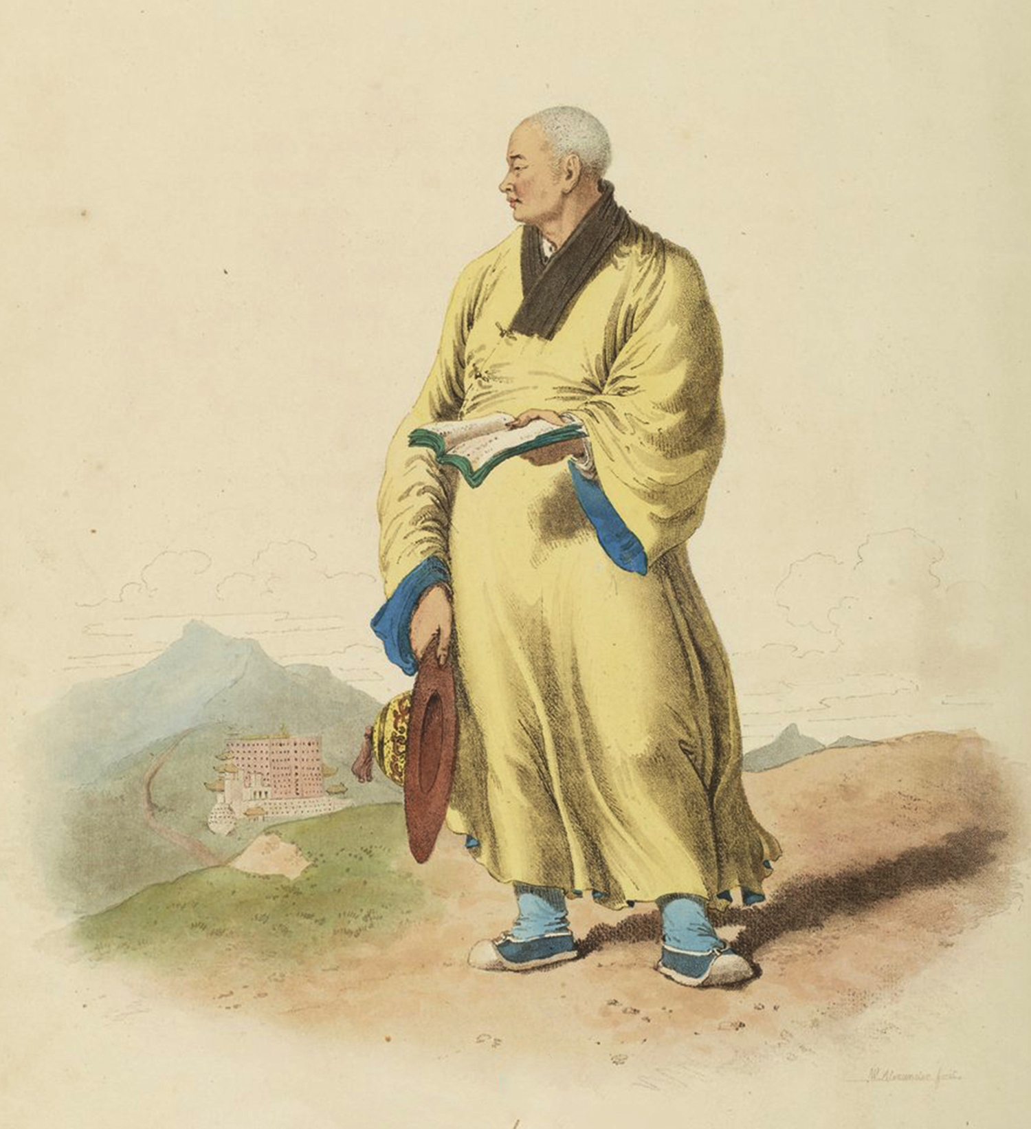 僧侣:左手执经卷,右手拿斗笠,行进的路上都不忘记诵经.