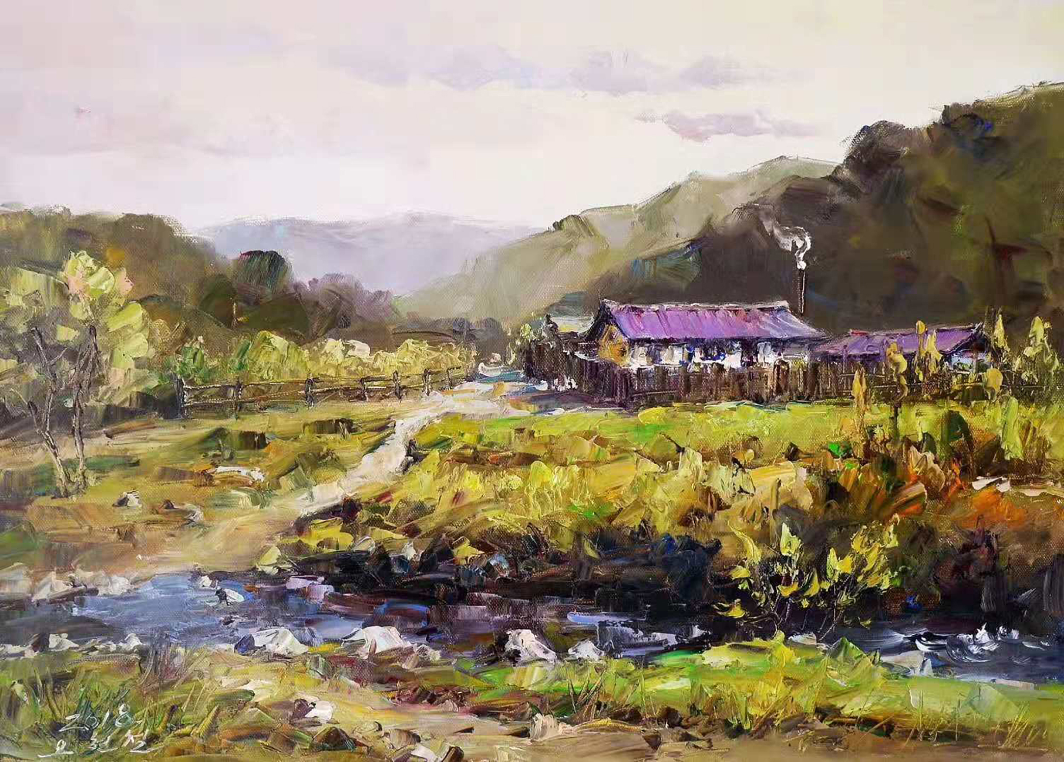 油画风景《村口的小溪》,73*51,吴贤哲