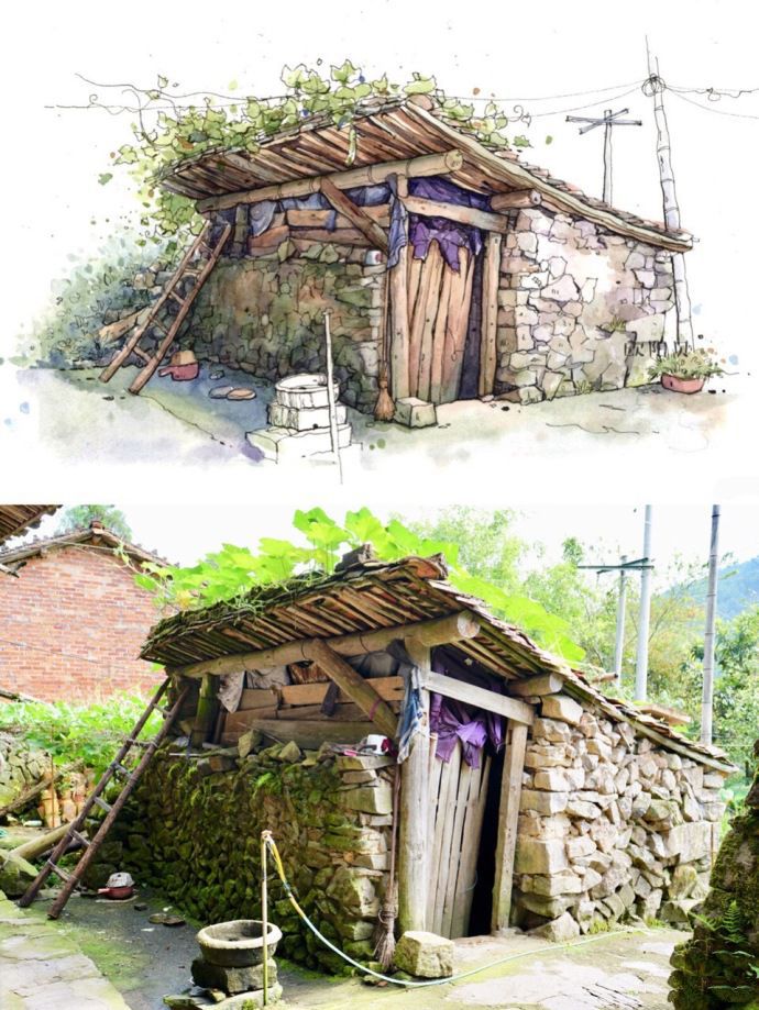 钢笔淡彩建筑手绘素材图,美术生写生时必不可少的钢笔画作品