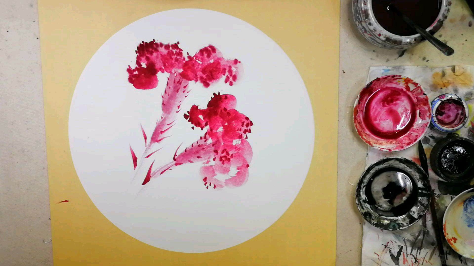 中国画课堂,零基础花鸟篇。第九课,鸡冠花。小品创作:1先画花