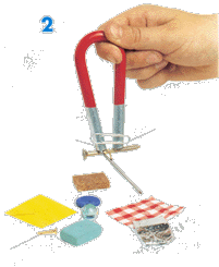 2.用磁铁吸起回形针,把磁铁抬高直到绳子被拉直.