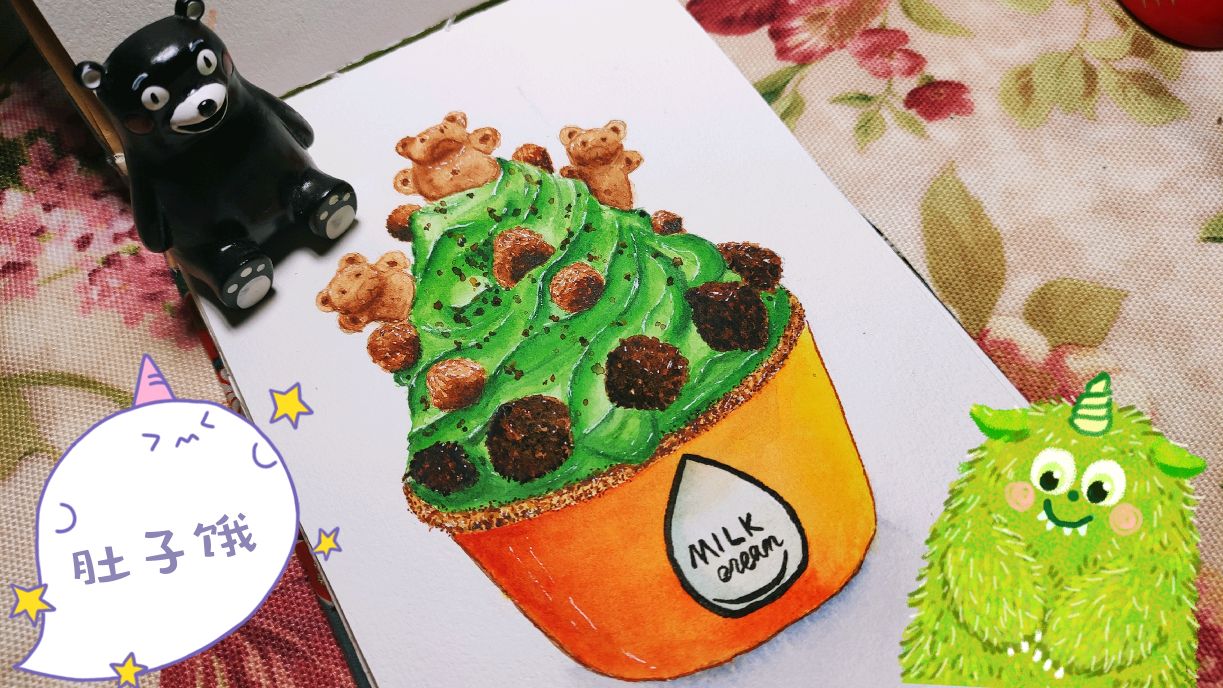 “水彩美食”绘画过程抹茶冰激凌,吃甜食会开心,画甜食也一定会