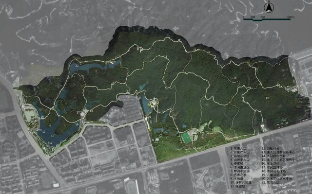 香山湖公园总平面图 天然氧吧 环湖健身