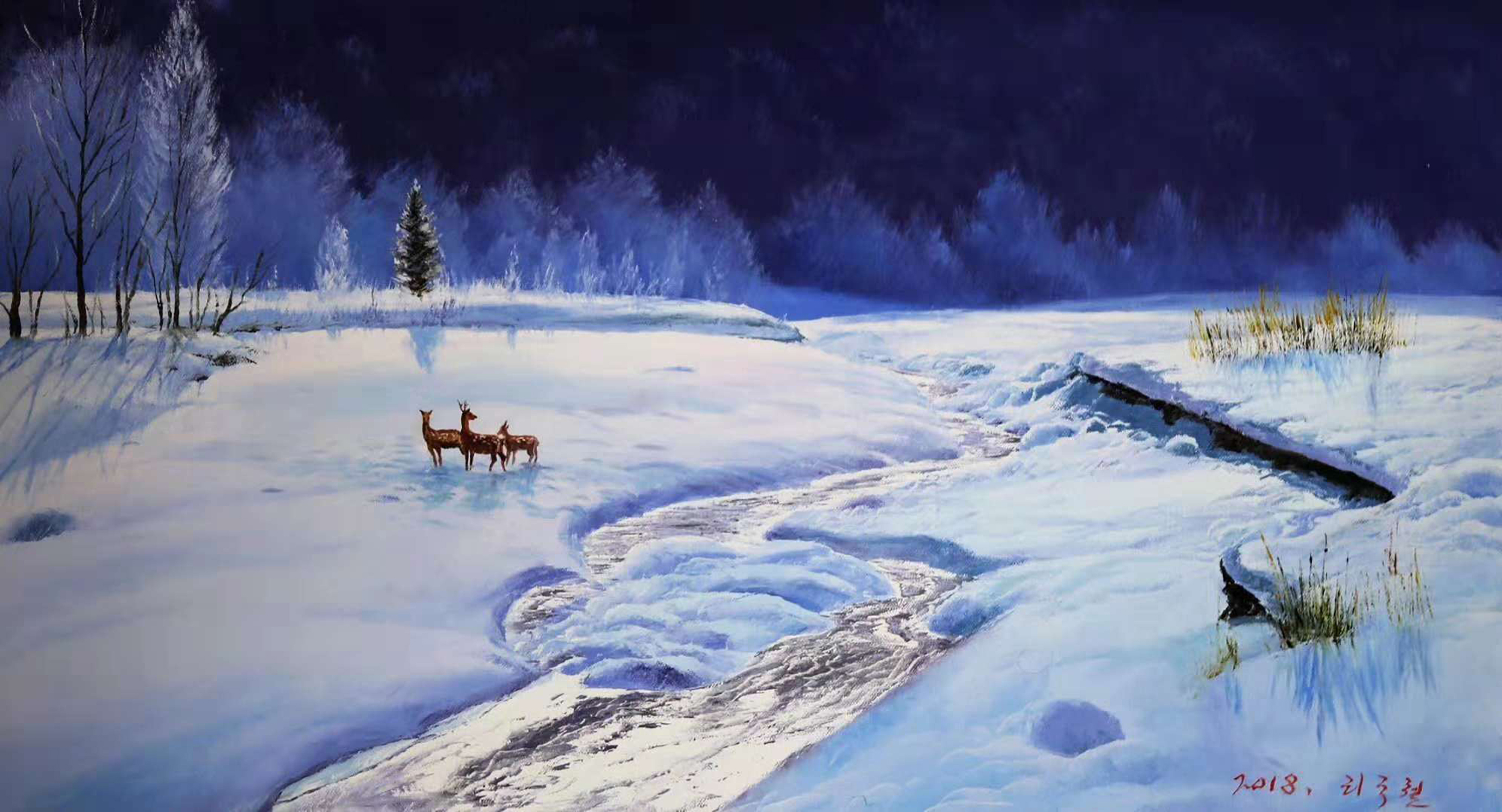 油画风景欣赏(3)——冬天冰封的小河. 转载自百家号作者:8彩虹画室