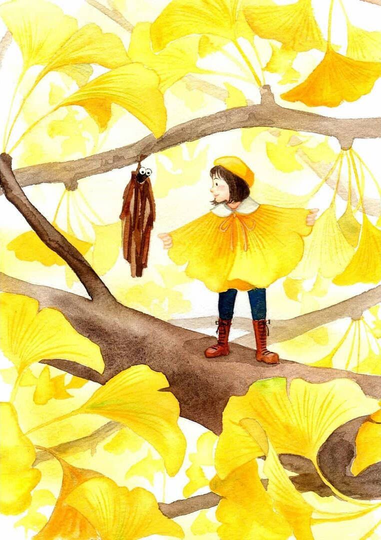 水彩插画:充满温馨童趣的水彩插画,风格治愈美好,银杏树上的小姑娘